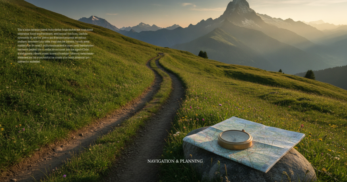 A cinematic editorial photograph of a well-trodden mountain path winding through lush green Swiss alpine meadows toward a majestic sunlit peak in the distance, with a vintage brass compass and a folded topographic map resting on a flat stone in the foreground to evoke navigation and planning, soft golden hour light filtering through the valley, layers of hazy blue ridges, shallow depth of field, rich natural tones, conveying a sense of steady progress, long-term stability, and the culmination of a structured immigration journey, clean composition with ample negative space suitable for a website hero image.