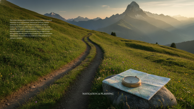 A cinematic editorial photograph of a well-trodden mountain path winding through lush green Swiss alpine meadows toward a majestic sunlit peak in the distance, with a vintage brass compass and a folded topographic map resting on a flat stone in the foreground to evoke navigation and planning, soft golden hour light filtering through the valley, layers of hazy blue ridges, shallow depth of field, rich natural tones, conveying a sense of steady progress, long-term stability, and the culmination of a structured immigration journey, clean composition with ample negative space suitable for a website hero image.