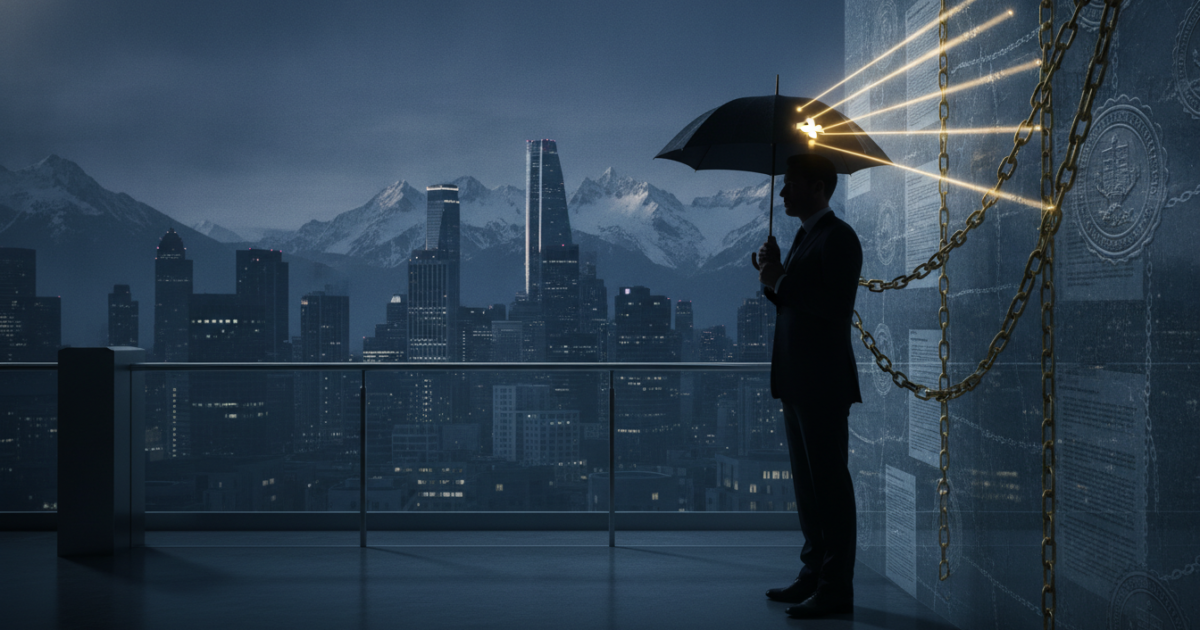 A cinematic, photorealistic hero image depicting a silhouetted high-net-worth individual in a tailored suit standing at a sleek, modern glass border crossing between a sophisticated global financial cityscape at dusk and the bright, snow-capped Swiss Alps, with a massive translucent wall of embossed sovereign tax documents, official government seals, and ascending golden legal chains forming an unavoidable barrier that tethers the figure back toward the departing nation, while an elegant umbrella bearing a subtle Swiss cross motif held overhead is visibly pierced by sharp beams of golden light representing latent capital gains and deemed disposition charges, captured in moody editorial lighting with deep slate blues, crisp alpine whites, and restrained gold accents, shallow depth of field, hyper-detailed textures, 8k resolution, conveying the inevitable weight of exit tax sovereignty and the failure of domestic shields.