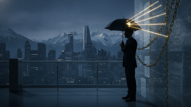 A cinematic, photorealistic hero image depicting a silhouetted high-net-worth individual in a tailored suit standing at a sleek, modern glass border crossing between a sophisticated global financial cityscape at dusk and the bright, snow-capped Swiss Alps, with a massive translucent wall of embossed sovereign tax documents, official government seals, and ascending golden legal chains forming an unavoidable barrier that tethers the figure back toward the departing nation, while an elegant umbrella bearing a subtle Swiss cross motif held overhead is visibly pierced by sharp beams of golden light representing latent capital gains and deemed disposition charges, captured in moody editorial lighting with deep slate blues, crisp alpine whites, and restrained gold accents, shallow depth of field, hyper-detailed textures, 8k resolution, conveying the inevitable weight of exit tax sovereignty and the failure of domestic shields.
