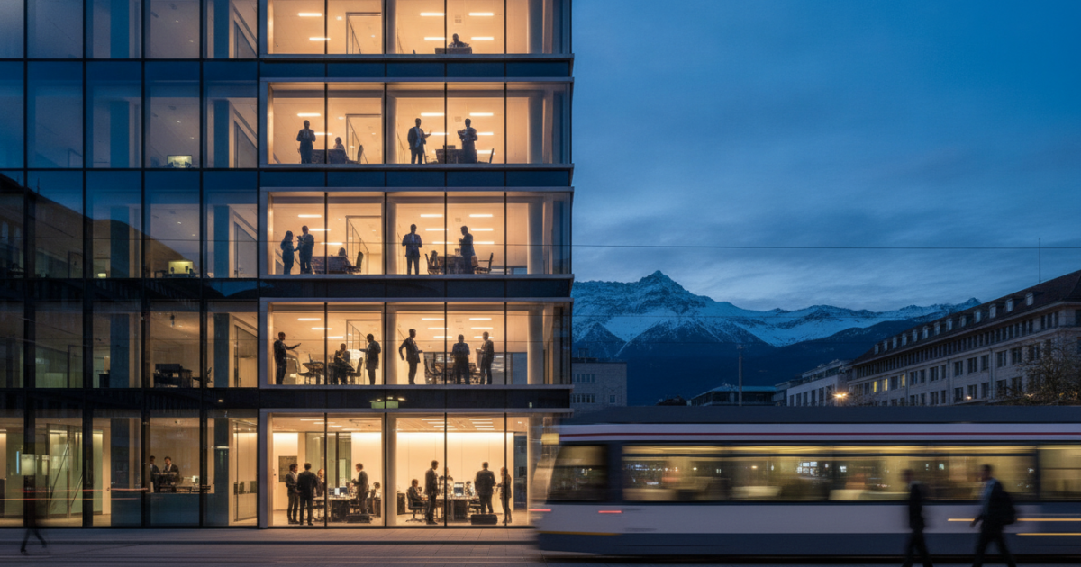 A cinematic wide-angle photograph of Zurich’s modern financial district at twilight with the Swiss Alps silhouetted against a deep indigo sky, featuring a sleek glass office building whose three illuminated terraces subtly symbolize the tiered B, L, and C permit structure, while diverse silhouettes of business professionals work inside behind floor-to-ceiling windows, with reflections of the city and mountains merging on the glass facade, shot in editorial style with dramatic amber and cool blue lighting, sharp architectural symmetry, a slightly blurred tram or pedestrian motion in the foreground, conveying regulated mobility, corporate strategy, and Swiss precision, ultra-high resolution, premium business magazine aesthetic.