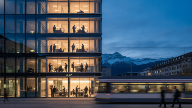 A cinematic wide-angle photograph of Zurich’s modern financial district at twilight with the Swiss Alps silhouetted against a deep indigo sky, featuring a sleek glass office building whose three illuminated terraces subtly symbolize the tiered B, L, and C permit structure, while diverse silhouettes of business professionals work inside behind floor-to-ceiling windows, with reflections of the city and mountains merging on the glass facade, shot in editorial style with dramatic amber and cool blue lighting, sharp architectural symmetry, a slightly blurred tram or pedestrian motion in the foreground, conveying regulated mobility, corporate strategy, and Swiss precision, ultra-high resolution, premium business magazine aesthetic.