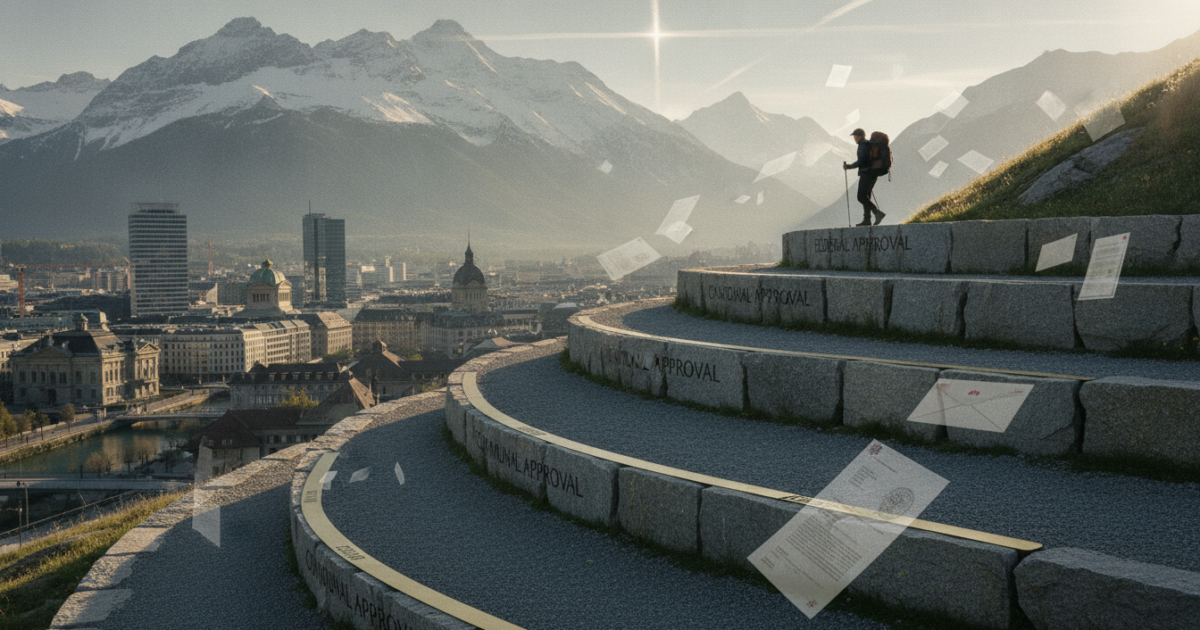 A cinematic, wide-angle editorial photograph capturing the long-term journey of Swiss naturalization: a solitary figure walks a winding gravel path that ascends through three distinct stone terraces symbolizing federal, cantonal, and communal approval tiers, leading from a modern Swiss cityscape with glass towers and historic Bundeshaus-inspired architecture toward majestic snow-capped Alpine peaks in the distance; the path is subtly inlaid with a brass timeline marking ten years of residency, while translucent layers of official documents and residence permits float ethereally in the air like overlapping veils, all bathed in crisp early-morning golden light with the Swiss cross subtly formed by intersecting beams of light in the sky, shot on medium format with muted sage greens, slate greys, and warm stone tones, conveying gravity, permanence, and deliberate integration.