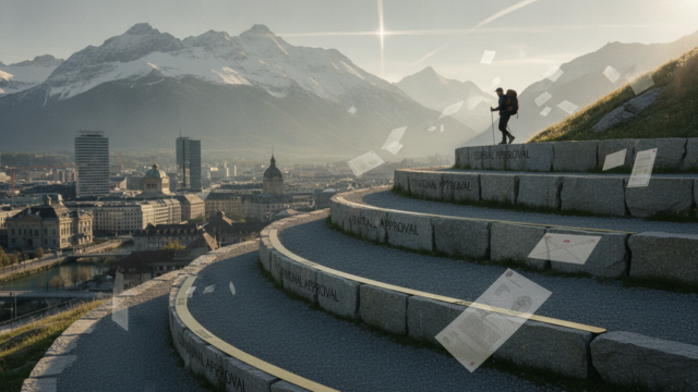 A cinematic, wide-angle editorial photograph capturing the long-term journey of Swiss naturalization: a solitary figure walks a winding gravel path that ascends through three distinct stone terraces symbolizing federal, cantonal, and communal approval tiers, leading from a modern Swiss cityscape with glass towers and historic Bundeshaus-inspired architecture toward majestic snow-capped Alpine peaks in the distance; the path is subtly inlaid with a brass timeline marking ten years of residency, while translucent layers of official documents and residence permits float ethereally in the air like overlapping veils, all bathed in crisp early-morning golden light with the Swiss cross subtly formed by intersecting beams of light in the sky, shot on medium format with muted sage greens, slate greys, and warm stone tones, conveying gravity, permanence, and deliberate integration.