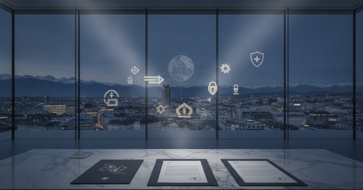 A cinematic, wide-angle editorial photograph of a modern Swiss courthouse interior with floor-to-ceiling glass walls overlooking the Zurich financial district and distant snow-capped Alps at twilight, rendered in deep navy, slate, and muted gold tones; in the foreground, a polished marble desk holds precisely arranged legal documents embossed with subtle Swiss cross motifs and abstract international debt symbols, while soft volumetric light streams through the windows and illuminates floating translucent geometric lines that connect a stylized globe to Swiss banking icons, conveying institutional authority, cross-border legal precision, and the administrative power of debt enforcement without any visible text or human faces.