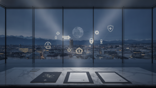 A cinematic, wide-angle editorial photograph of a modern Swiss courthouse interior with floor-to-ceiling glass walls overlooking the Zurich financial district and distant snow-capped Alps at twilight, rendered in deep navy, slate, and muted gold tones; in the foreground, a polished marble desk holds precisely arranged legal documents embossed with subtle Swiss cross motifs and abstract international debt symbols, while soft volumetric light streams through the windows and illuminates floating translucent geometric lines that connect a stylized globe to Swiss banking icons, conveying institutional authority, cross-border legal precision, and the administrative power of debt enforcement without any visible text or human faces.