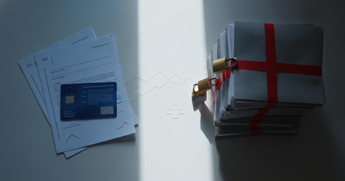 A hyper-realistic editorial photograph viewed from above of a pristine modern desk split down the middle by a sharp beam of light, the left side displaying a sleek translucent EU-blue biometric permit card and minimal streamlined paperwork with clean geometric lines symbolizing the Agreement on the Free Movement of Persons, while the right side features towering stacks of grey immigration files bound in crimson bureaucratic tape and secured by heavy brass locks representing the restrictive Foreign Nationals and Integration Act, with abstract Swiss alpine contours and a subtle cross motif embossed into the desk surface beneath both sets of documents, captured in cinematic corporate photography style with dramatic chiaroscuro lighting, a muted sophisticated color palette of slate grey, institutional blue, and bureaucratic red, razor-sharp depth of field, and ultra-detailed 8k resolution conveying legal precision and systemic divergence.