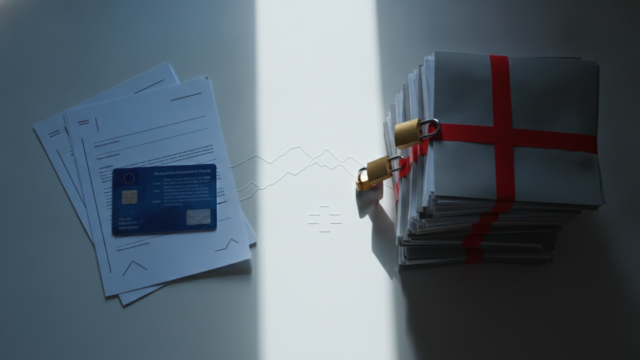 A hyper-realistic editorial photograph viewed from above of a pristine modern desk split down the middle by a sharp beam of light, the left side displaying a sleek translucent EU-blue biometric permit card and minimal streamlined paperwork with clean geometric lines symbolizing the Agreement on the Free Movement of Persons, while the right side features towering stacks of grey immigration files bound in crimson bureaucratic tape and secured by heavy brass locks representing the restrictive Foreign Nationals and Integration Act, with abstract Swiss alpine contours and a subtle cross motif embossed into the desk surface beneath both sets of documents, captured in cinematic corporate photography style with dramatic chiaroscuro lighting, a muted sophisticated color palette of slate grey, institutional blue, and bureaucratic red, razor-sharp depth of field, and ultra-detailed 8k resolution conveying legal precision and systemic divergence.