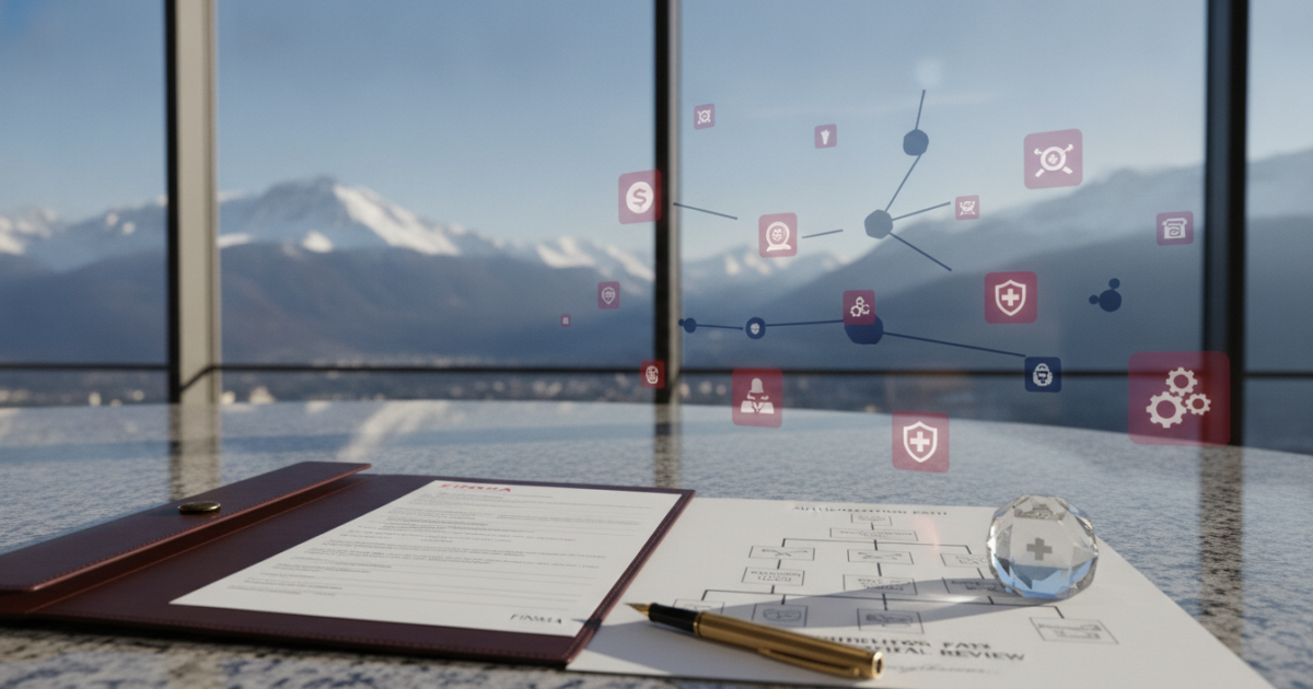 A photorealistic hero image depicting the Swiss financial regulatory landscape, centered on a polished granite desk in a modern Zurich office with floor-to-ceiling windows showing the Swiss Alps in the distance, upon which rests an open leather portfolio displaying a FINMA licensing application form next to a decision-tree flowchart rendered in elegant silver foil stamping, a sleek fountain pen, and a crystal paperweight engraved with the Swiss cross; soft volumetric morning light streams across the scene, illuminating subtle visual motifs of interconnected regulatory nodes and prudential oversight symbols floating as translucent holographic overlays, with a sophisticated color palette of deep Swiss red, navy blue, crisp white, and brushed gold, conveying authority, clarity, and the gravity of post-2020 asset management compliance, shot with a medium format camera at shallow depth of field, 8k, ultra-detailed, cinematic lighting.