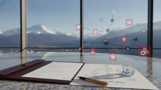 A photorealistic hero image depicting the Swiss financial regulatory landscape, centered on a polished granite desk in a modern Zurich office with floor-to-ceiling windows showing the Swiss Alps in the distance, upon which rests an open leather portfolio displaying a FINMA licensing application form next to a decision-tree flowchart rendered in elegant silver foil stamping, a sleek fountain pen, and a crystal paperweight engraved with the Swiss cross; soft volumetric morning light streams across the scene, illuminating subtle visual motifs of interconnected regulatory nodes and prudential oversight symbols floating as translucent holographic overlays, with a sophisticated color palette of deep Swiss red, navy blue, crisp white, and brushed gold, conveying authority, clarity, and the gravity of post-2020 asset management compliance, shot with a medium format camera at shallow depth of field, 8k, ultra-detailed, cinematic lighting.