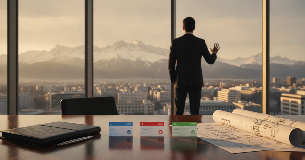 A sophisticated editorial photograph showing a polished wooden desk in a modern Zurich office with panoramic Alpine views through floor-to-ceiling windows, upon which three distinct Swiss residence permit cards labeled L, B, and C are laid out in a row beside a leather portfolio, a sleek fountain pen, and architectural blueprints, while a silhouetted executive in a tailored suit stands thoughtfully at the glass window overlooking the city's financial district and snow-capped mountains beyond, captured in warm natural golden-hour light with a shallow depth of field, conveying strategic decision-making, legal precision, and premium wealth management aesthetic in the style of a high-end financial magazine cover.