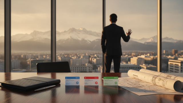 A sophisticated editorial photograph showing a polished wooden desk in a modern Zurich office with panoramic Alpine views through floor-to-ceiling windows, upon which three distinct Swiss residence permit cards labeled L, B, and C are laid out in a row beside a leather portfolio, a sleek fountain pen, and architectural blueprints, while a silhouetted executive in a tailored suit stands thoughtfully at the glass window overlooking the city's financial district and snow-capped mountains beyond, captured in warm natural golden-hour light with a shallow depth of field, conveying strategic decision-making, legal precision, and premium wealth management aesthetic in the style of a high-end financial magazine cover.