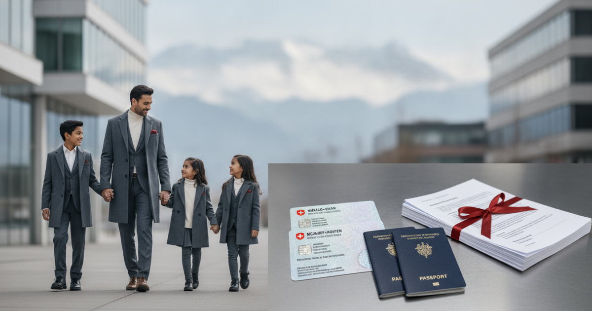 A sophisticated editorial hero image depicting a diverse family—parents with young children—walking hand-in-hand along a modern Swiss promenade with iconic contemporary architecture and distant Alpine peaks softly blurred in the background, captured in crisp natural daylight with a muted palette of slate grey, warm ivory, and subtle crimson accents, while in the immediate foreground a minimalist arrangement of Swiss residence permit cards, biometric passports, and neatly stacked legal paperwork on brushed steel conveys the regulatory complexity, shot with cinematic shallow depth of field, balanced asymmetrical composition, and a mood of calm authority, structural precision, and hopeful reunion tailored for an audience of family offices and cross-border immigration advisors.