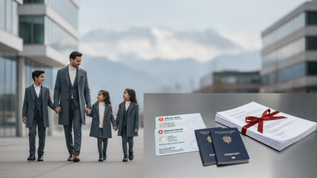 A sophisticated editorial hero image depicting a diverse family—parents with young children—walking hand-in-hand along a modern Swiss promenade with iconic contemporary architecture and distant Alpine peaks softly blurred in the background, captured in crisp natural daylight with a muted palette of slate grey, warm ivory, and subtle crimson accents, while in the immediate foreground a minimalist arrangement of Swiss residence permit cards, biometric passports, and neatly stacked legal paperwork on brushed steel conveys the regulatory complexity, shot with cinematic shallow depth of field, balanced asymmetrical composition, and a mood of calm authority, structural precision, and hopeful reunion tailored for an audience of family offices and cross-border immigration advisors.