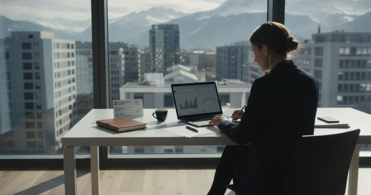 Cinematic editorial photograph of a focused entrepreneur working at a minimalist desk beside a floor-to-ceiling window overlooking a modern Swiss city skyline with snow-capped Alps visible in the distance, a Swiss residence permit card and official paperwork placed next to an open laptop, notebook, and espresso cup, dramatic natural morning light streaming across the scene casting sharp shadows, sophisticated color palette of crisp whites, slate greys, and subtle Swiss red accents, shallow depth of field emphasizing the solitary figure and documents, conveying themes of high-stakes independence, professional transition from salaried employment to self-employment, and economic self-reliance within Switzerland, shot in the style of a premium business magazine cover, ultra-realistic, 8k resolution.