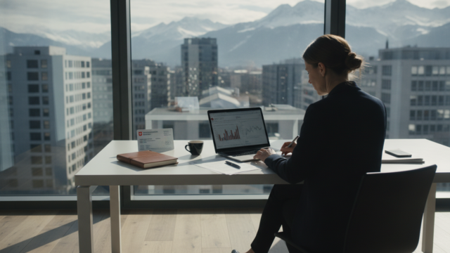 Cinematic editorial photograph of a focused entrepreneur working at a minimalist desk beside a floor-to-ceiling window overlooking a modern Swiss city skyline with snow-capped Alps visible in the distance, a Swiss residence permit card and official paperwork placed next to an open laptop, notebook, and espresso cup, dramatic natural morning light streaming across the scene casting sharp shadows, sophisticated color palette of crisp whites, slate greys, and subtle Swiss red accents, shallow depth of field emphasizing the solitary figure and documents, conveying themes of high-stakes independence, professional transition from salaried employment to self-employment, and economic self-reliance within Switzerland, shot in the style of a premium business magazine cover, ultra-realistic, 8k resolution.