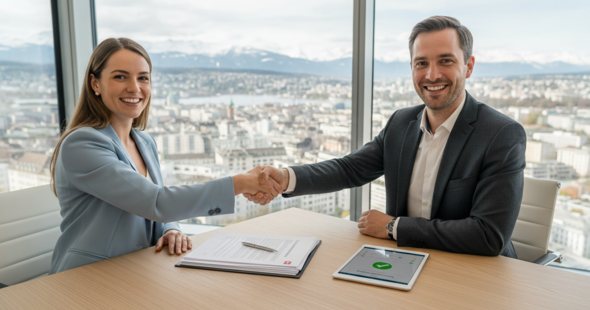 Editorial photography style, a photorealistic image of a smiling entrepreneur warmly shaking hands with their first new hire across a clean, modern desk in a bright Swiss office with large windows overlooking a Zurich cityscape and distant snow-capped Alps, the desk featuring a neatly organized employment contract, a tablet displaying a step-by-step checklist, and a sleek pen, symbolizing structured onboarding and compliance; both professionals wear sharp business casual attire, conveying trust and the formal shift from solo operation to employer-employee relationship; soft natural daylight floods the room with a crisp, clean aesthetic using a palette of white, light oak, and muted Swiss blue; the composition emphasizes organization and regulatory precision with subtle depth of field focusing on the handshake and documents, capturing the pivotal milestone of hiring within Switzerland’s tightly knit framework of federal and cantonal obligations; highly detailed, professional corporate photography, 8k resolution.