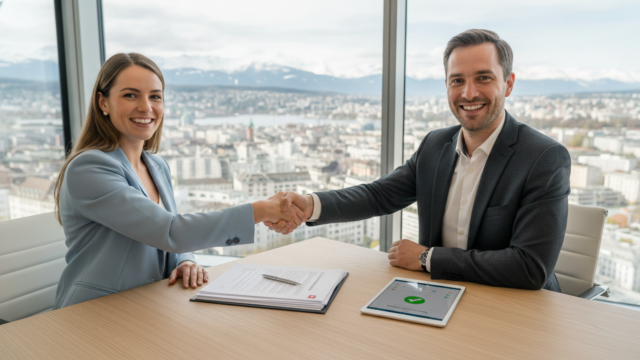 Editorial photography style, a photorealistic image of a smiling entrepreneur warmly shaking hands with their first new hire across a clean, modern desk in a bright Swiss office with large windows overlooking a Zurich cityscape and distant snow-capped Alps, the desk featuring a neatly organized employment contract, a tablet displaying a step-by-step checklist, and a sleek pen, symbolizing structured onboarding and compliance; both professionals wear sharp business casual attire, conveying trust and the formal shift from solo operation to employer-employee relationship; soft natural daylight floods the room with a crisp, clean aesthetic using a palette of white, light oak, and muted Swiss blue; the composition emphasizes organization and regulatory precision with subtle depth of field focusing on the handshake and documents, capturing the pivotal milestone of hiring within Switzerland’s tightly knit framework of federal and cantonal obligations; highly detailed, professional corporate photography, 8k resolution.